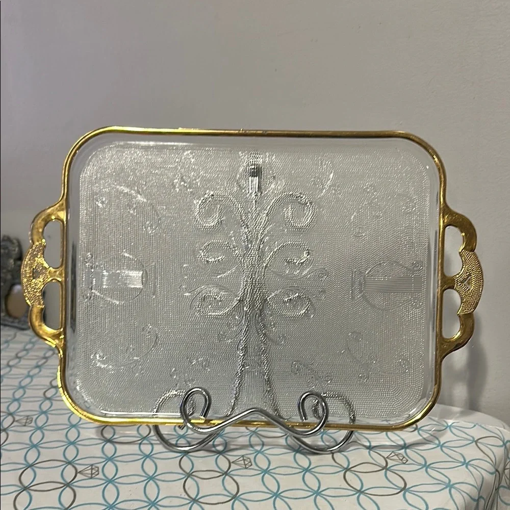 Vintage glass with gold trim vanity tray